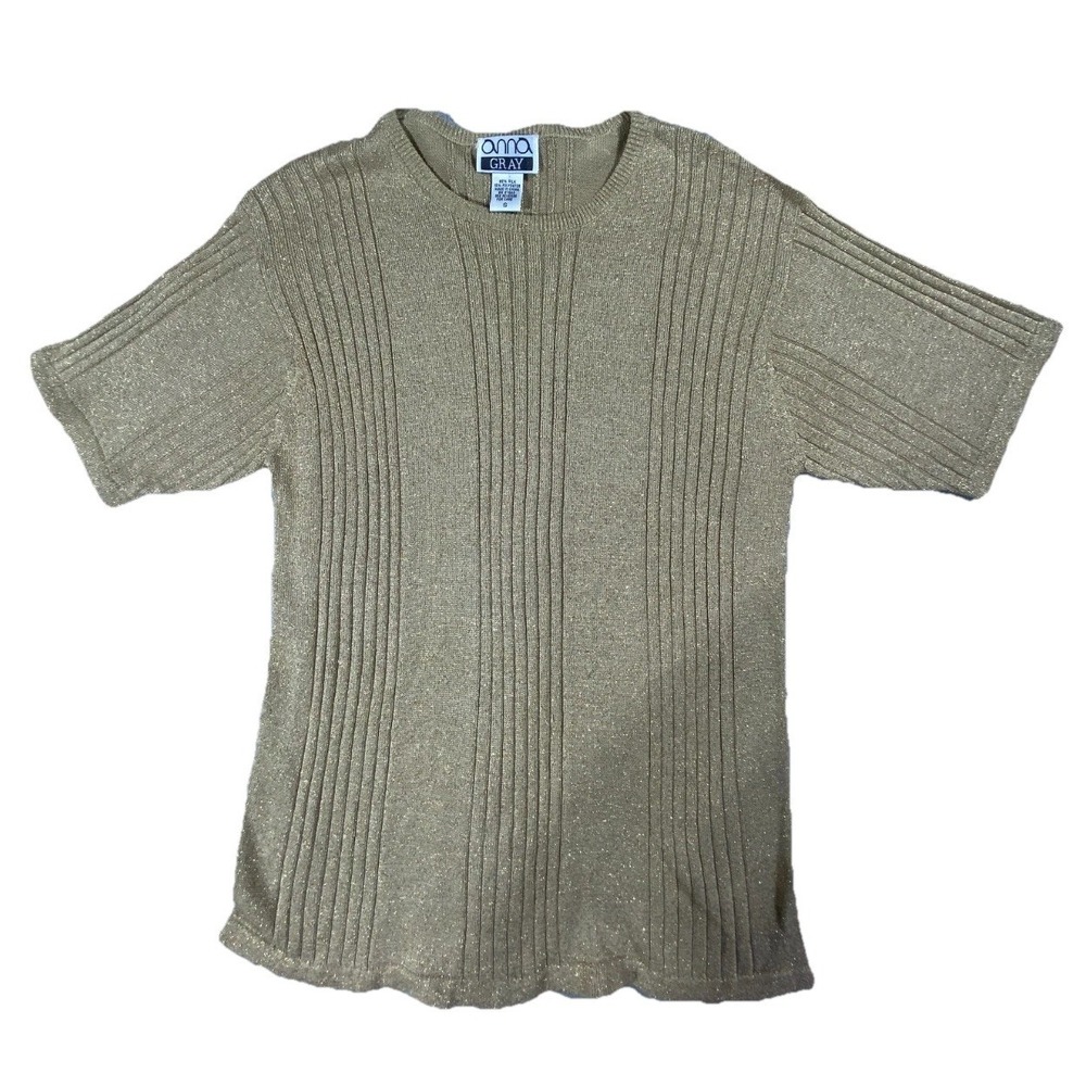 Anna Gray Sweater Womens Small Gold Metallic Silk Blend Ribbed Knit Short Sleeve